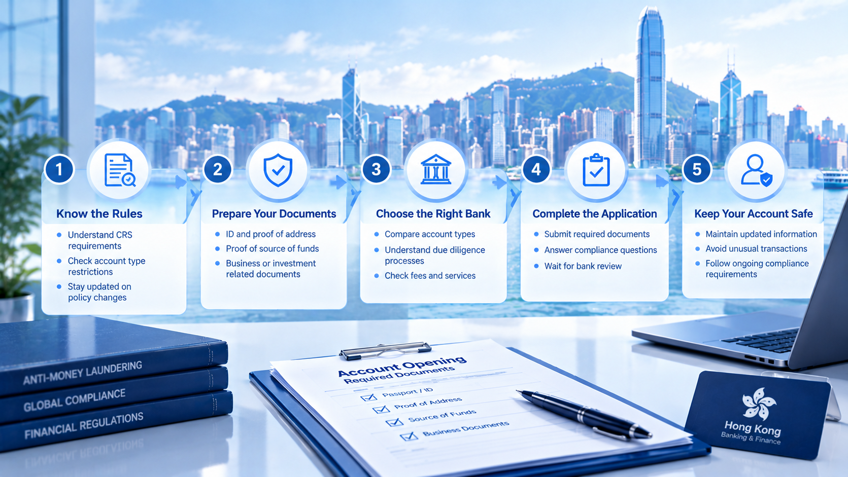 5-step guide for opening Hong Kong bank account, prepare documents, select bank, submit application, compliance due diligence checklist, Hong Kong finance banner